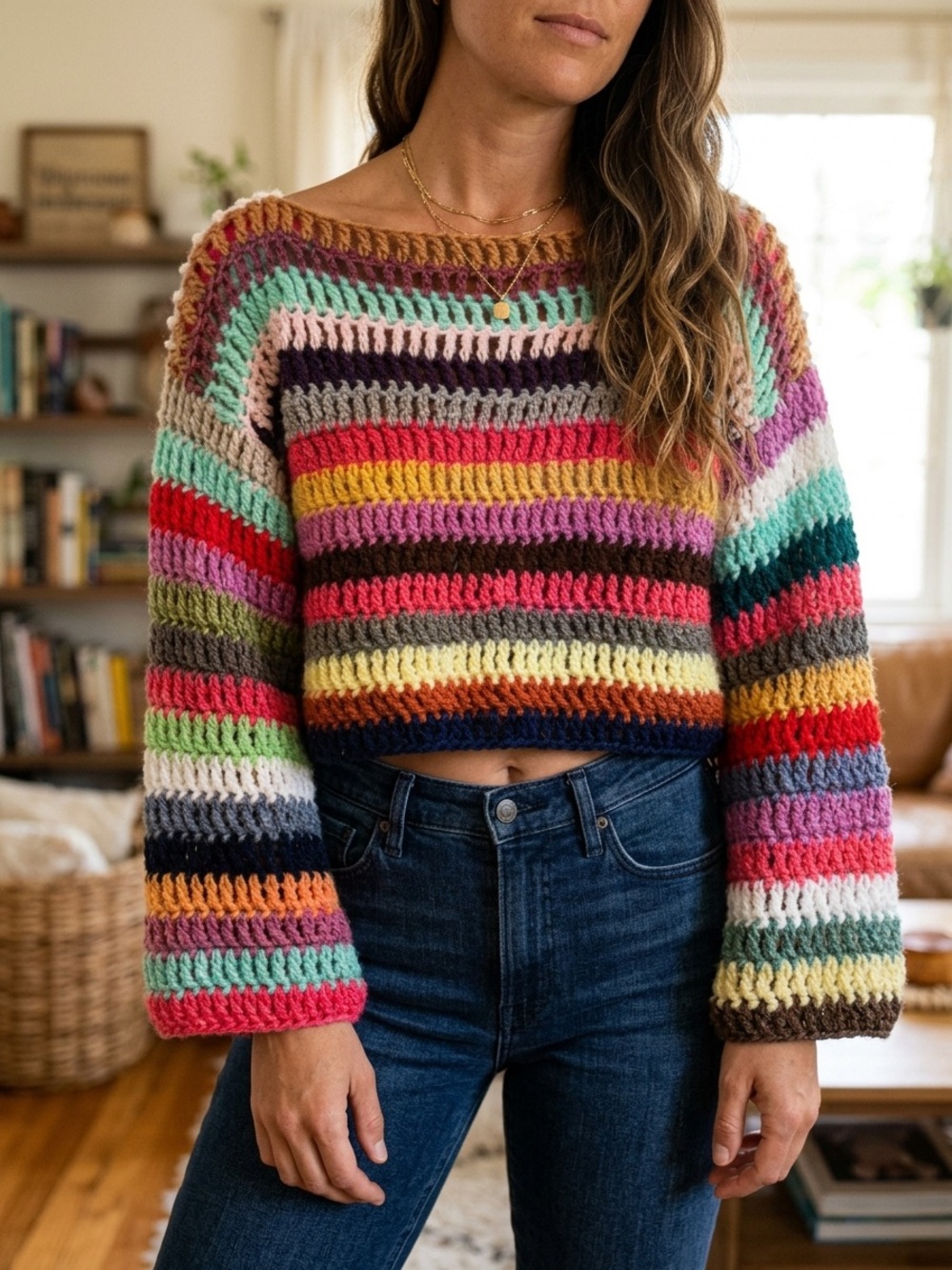 New Multicolor Striped Crochet Knit Women's Sweater